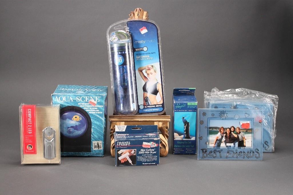 Home Goods: Mini travel hair dryer, ''Best Friends'' picture frames (4x6''), Aqua scene decor, mini fan, LED book light, and much more.