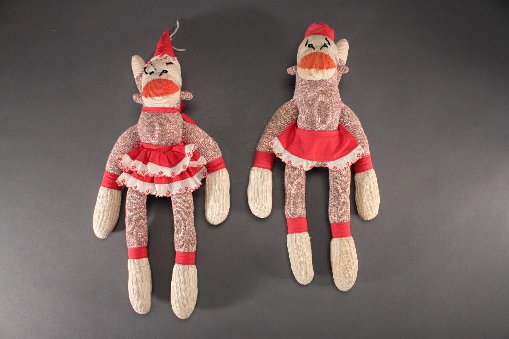 Vintage Sock Monkeys (2): Show signs of age and wear, 18'' tall.
