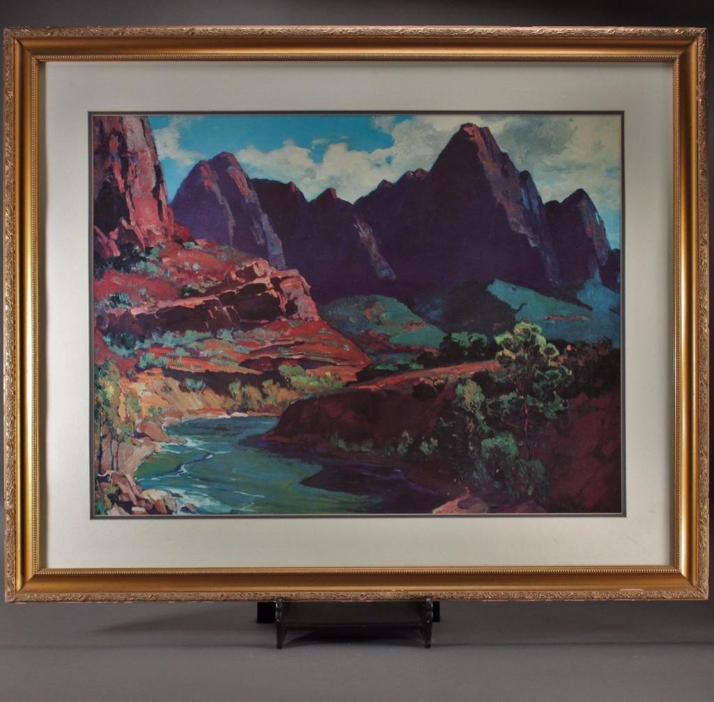 Canyon River Scene Print: Measures 43.5" X 35.5", signed Franco A. Dischol?, Frame shows some wear.