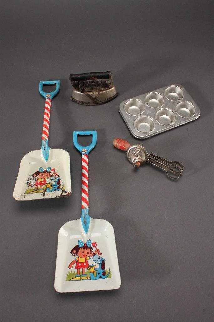 Vintage Child's Sad Iron, Kitchen Ware and Sand Shovels (1 of 10)
