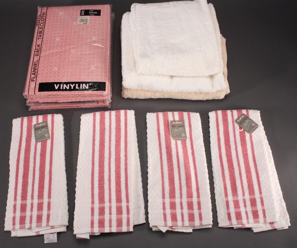 Linens & Towels: Bath towles, kitchen towels and vinyl table cloths, in new condition. 