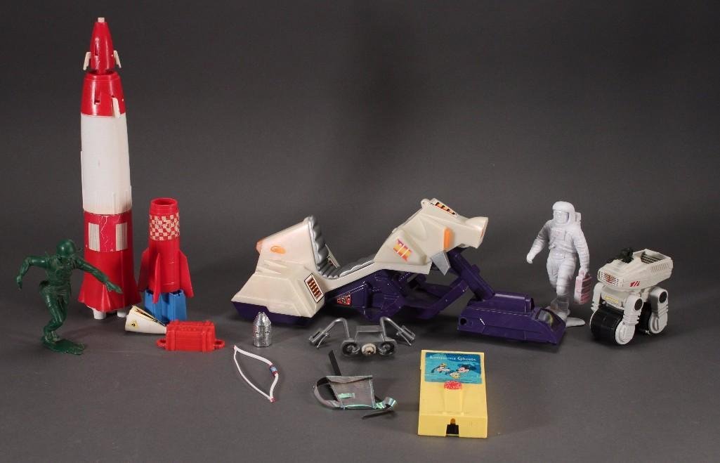 Vintage Toys: Rocket ship, 5" tall plastic toy soldier, 5 1/2" tall plastic astronaut and more.