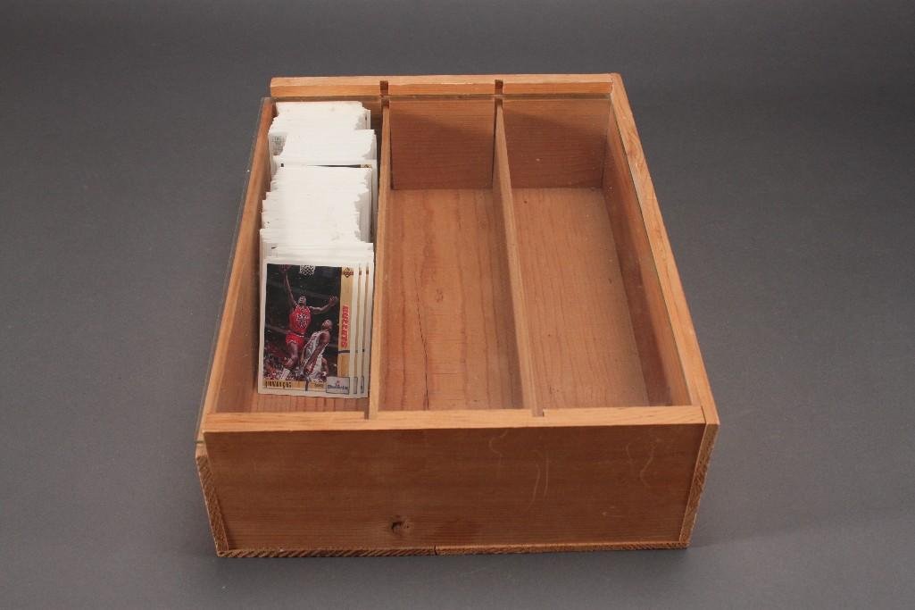 Collectible Upper Deck Basketball Cards: In glass divided case, Teams include Trail Blazers, Kings, Spurs, Supersonics, Bulls, Bullets, Cavs, and much more.