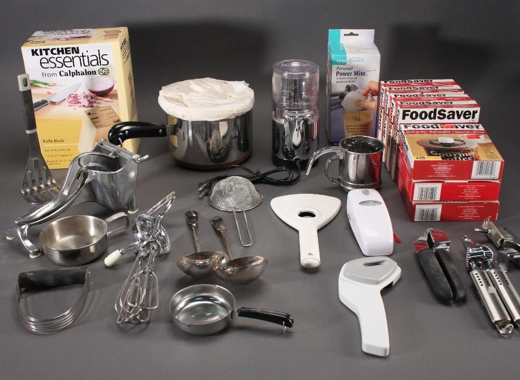 Kitchenware: Kitchen Essentials Knife Block (NIB), Personal power mixer, (7) food saver universal lids, hand mixer, garlic press, electric can opener and more 