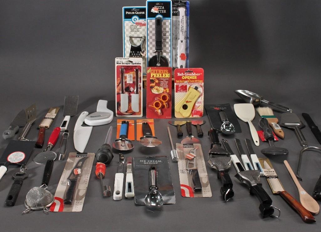 Kitchenware: Spatula, cheese slicer, mini scraper spatulas, ice cream scooper, soda can opener, pastry brush, pizza slicer, and more 