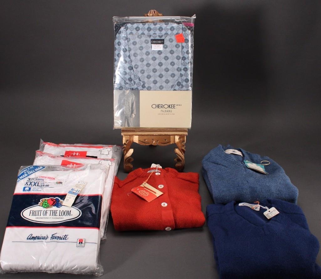 Men's Clothing: Hickory House wool sweater size 38 (NWT), the Villager wool sweater size 34 (NWT), Cherokee pajamas size XXL, Hanes & Fruit of the Loom white tee-shirts, and more 
