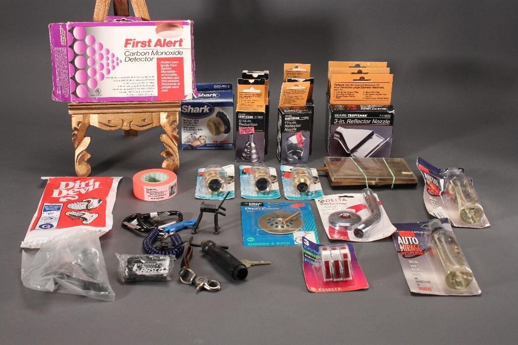 Hardware: (6) Craftsman 3/4-in reduction nozzle, (3) Craftsman 3-in reflector nozzle, Nelson Female, Dymo labeling tape, Shark Tapclean HEPA Dust-Club filter, and more, all are in original packag
