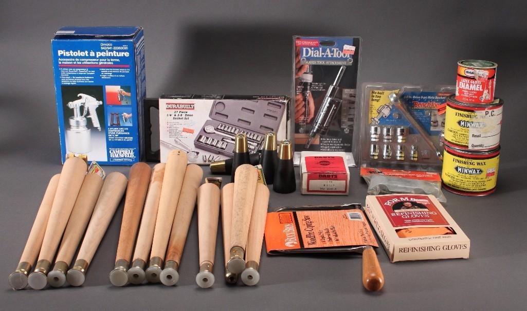 Furniture Legs & Tools: Large lot includes various furniture legs, coping saw, spray gun, Durabuilt27 piece socket set, refinishing gloves, finishing wax and more.