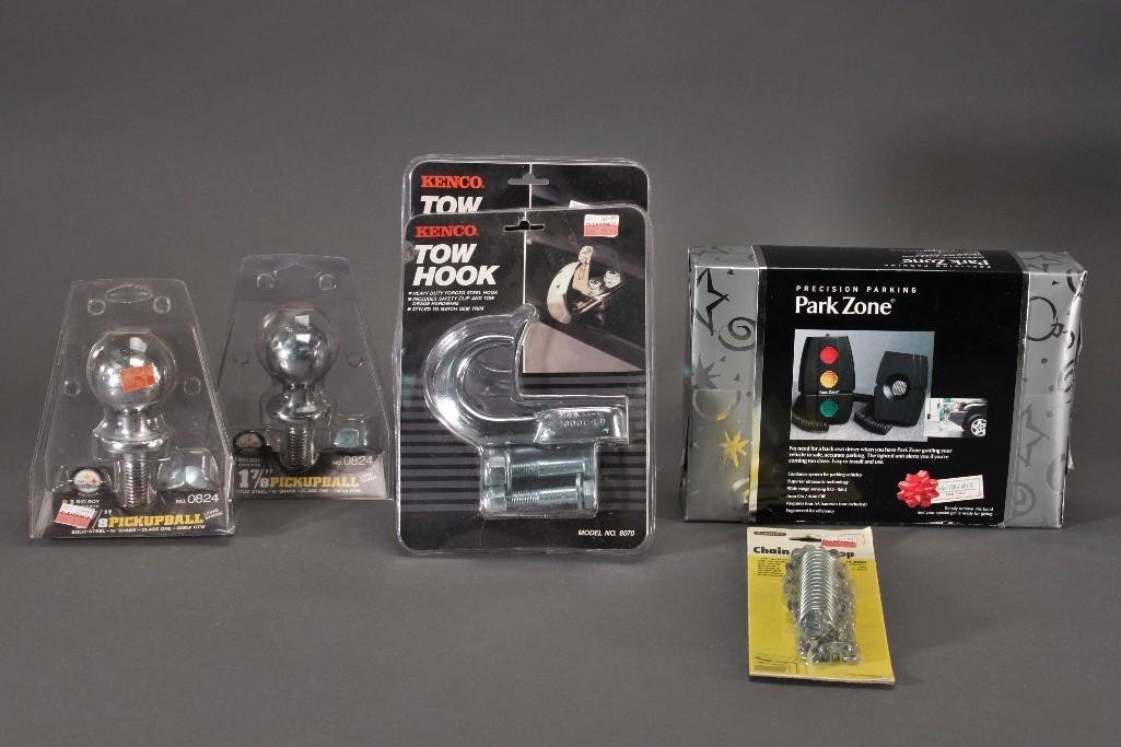 Car Accessories (6): Two Big Boy Products 1 7/8'' pickup ball, two Kencotow hooks, Stanley chain doorstop and Precision Parking park zone.