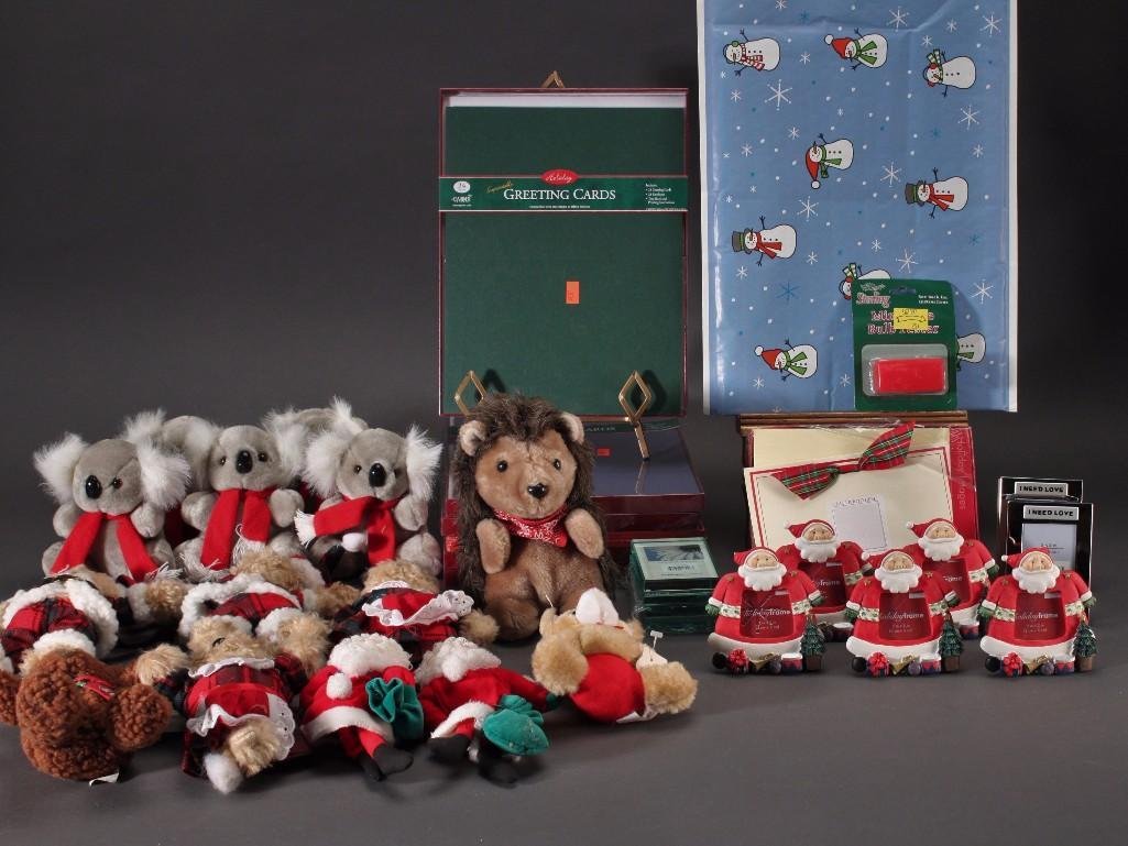 Christmas Decor: Holiday greeting cards, holiday frames and holiday stuffed animals/stuff animal ornaments.