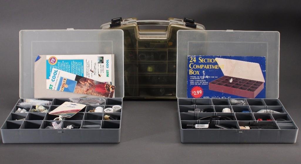Compartment Boxes With Contents (3): One 24 Section Compartment Box including; hose end plug, Tubing Tees, Inline Dripper/Emitter and more. One Eagle Satchel compartment box with contents and more.