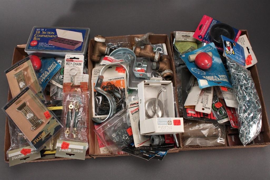 Hardware: Dog Tie-Out 15' foot dog chain, table straps, sink hole covers, shower drain, door knob roses, universal line valve and more.