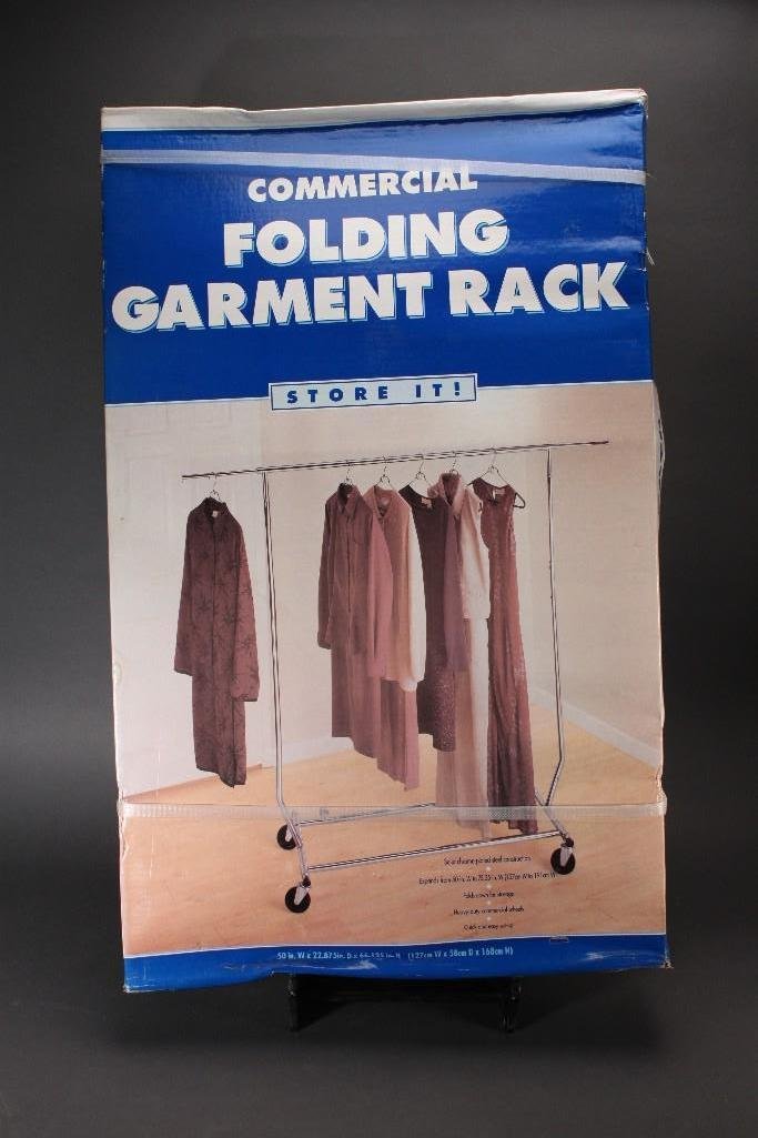 Folding Garment Rack: Store it commercial folding garment rack, solid chrome, expands from 50'' to 74''.
