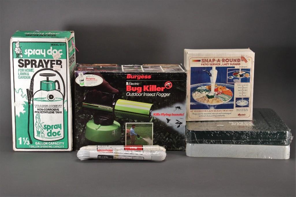 Garden & Patio supplies (7): Electric bug killer, Spray Doc Sprayer, Snap A Round Lazy Susan, (2) resin patio tables, & (2) cotton poly rope