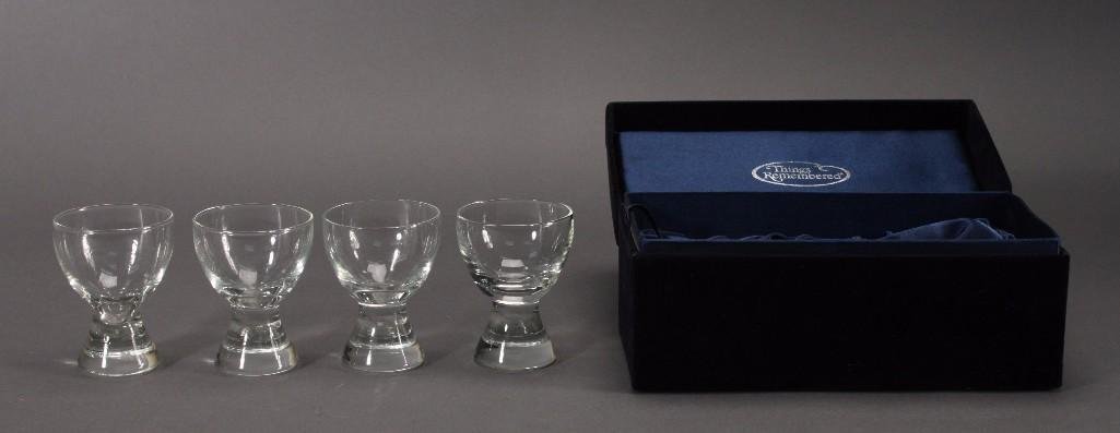 Things Remembered Cocktail Glasses in Case: Four 3.5'' beverage glasses in blue case marked Things Remembered, in good condition.