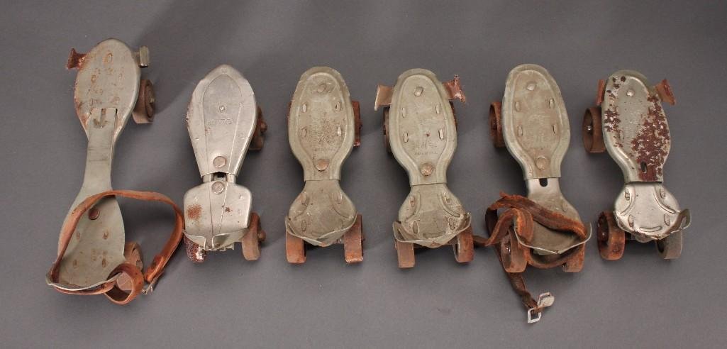 Vintage Roller Skates (3 Pairs): Hopalong Cassidy, Greyhound, and Kingston Olympic. Shows age and wear.