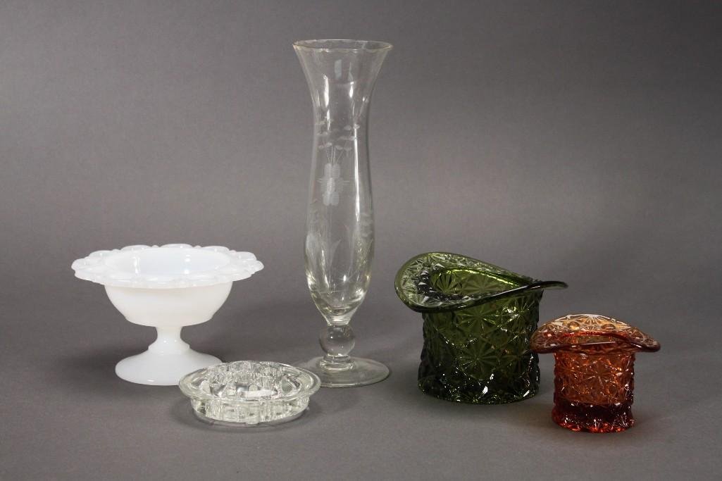 Vintage Glassware (5): Amber Depression glass top hat, measures 2" tall, Fenton 3" green Depression glass top hat, 3" tall footed milk glass vase with 4" clear glass flower frog, 9" tall clear etched glass vase.