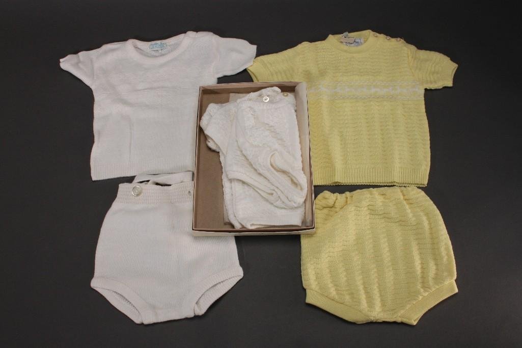 Vintage Knitted Baby Clothes (3): yellow Atkin, made in Isreal acrylic knitted shirt and shorts, Golden Gate of California white knitted sweater and suspender shorts, Friemanit white Acrylic sweater and shorts, sweater has a small sta