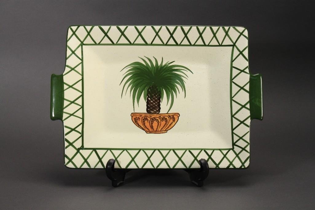 Style-Eyes Palm Tree Serving Platter: Style-Eyes Palm Tree ceramic serving platter by Baum Bros., measures 19 x 13, good condition.