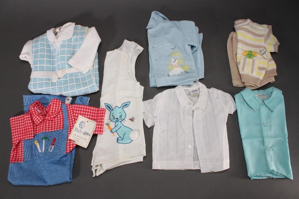 Vintage Baby Clothes: Five outfits include Baby Togs light blue button up shirt, white jumper with a blue rabbit size 12 months, blue and white knitted size 1 outfit, Gerber red white and blue romper, sz med, and more.