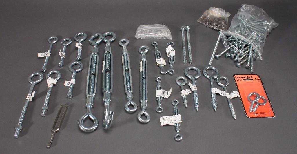 Hardware: Various sizes of eye to eye turn buckles, lag thread eye bolts, hook to eye turn buckles, and more.