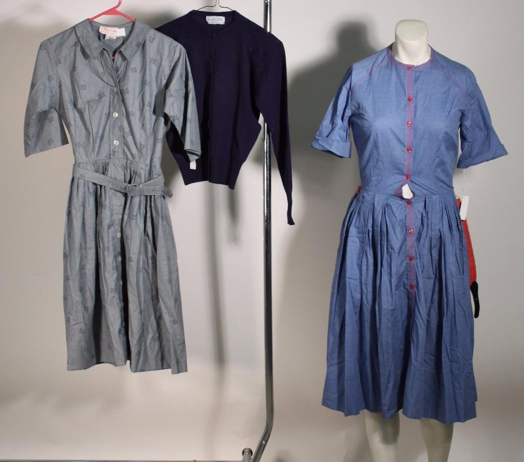 Vintage Ladies Dresses and Sweater (3): Blair Moor Original wool navy button up sweater size 34 good condition, Haystack dress size 3 NWT, Roos Atkins dresswith belt size 9 NWT.