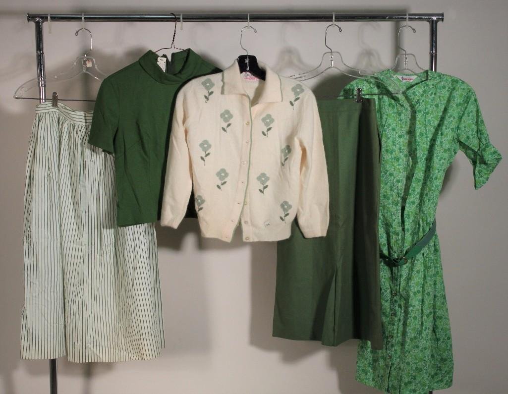 Vintage Ladies Clothing (5): ColebrookAngolamnwool sweater with floral design size 36 and designer not listed good condition, striped green skirt in good condition, Country Miss green dress, Miss Preview green skirt size 12 NWT.