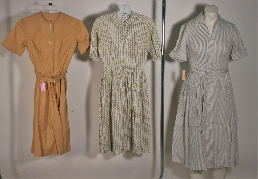 Ladies Vintage Dresses (3): Kay Windsor Original, size 10,Khakki and white stripe dress, Miss Jrs. Size 9 in Harvest Gold, Yankee Pedlar Ltd. Floral and Striped dress, in good condition, two with tags.