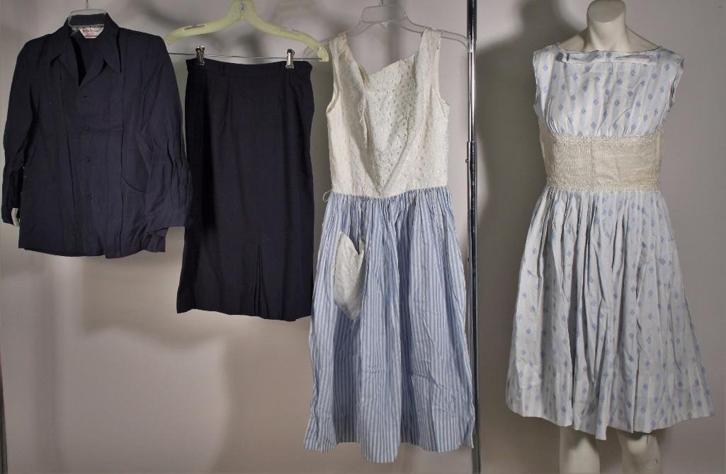 Ladies Vintage Dresses and Suit (4): Julie Miller size 10 eyelet and striped sundress, R.A.R Fashion sleeveless blue and white dress, no size, Norton Bruce casuals size 10, navy skirt and jacket.