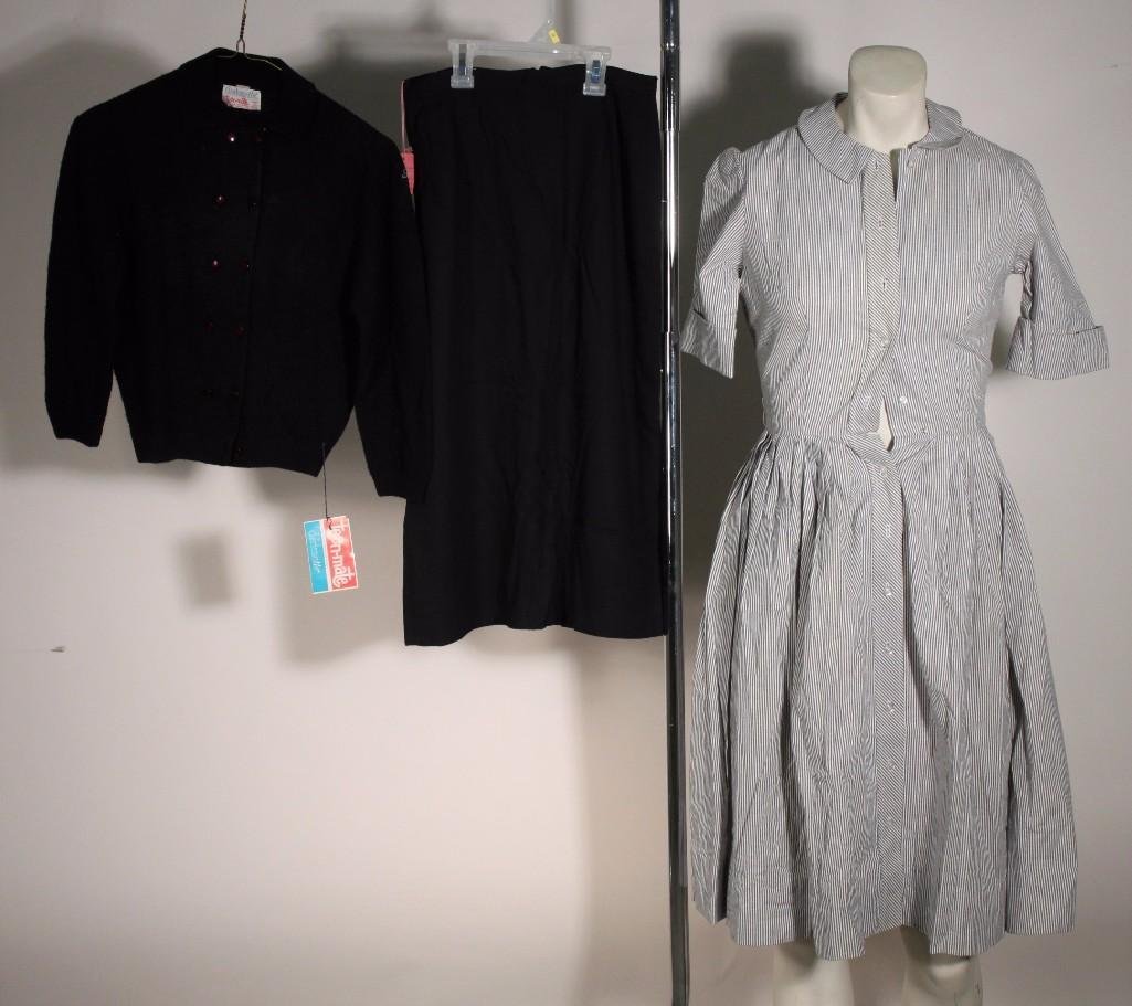 Ladies Vintage Dress, Skirt, and Sweater: DarlenetteTeen-mate size 12 black sweater, Copeland black skirt size 10, Peppertreesize 9 grey and white stripe dress with tags.