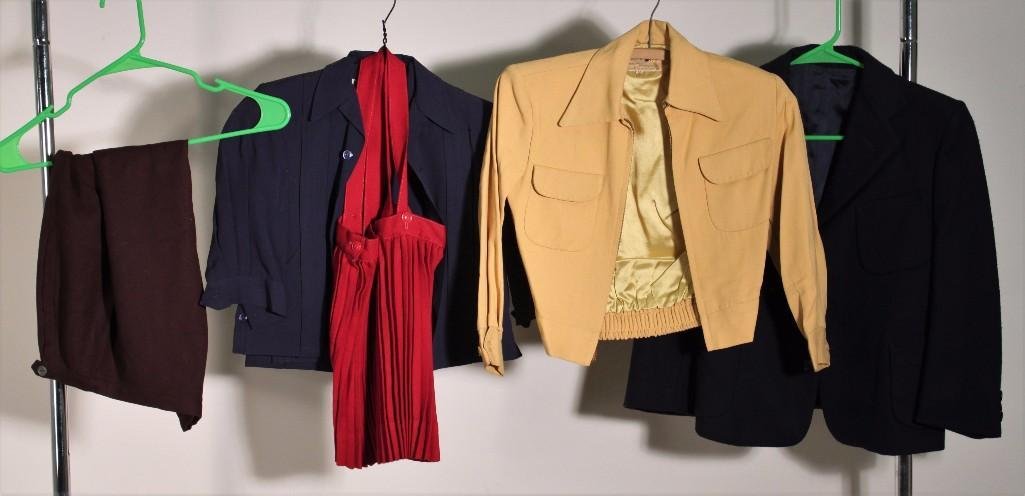 Ladies Petite Vintage Clothing (4): Slack'n Jack size 8 blue wool jacket, Norton Bruce casuals size 4 jacket and blouse with red skirt with suspenders, Slack'n Jack size 8 camel colored jacket with brown skirt, in good condition.