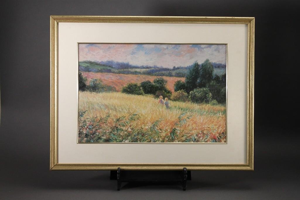 Framed Print: Children in field scene print in gold tone frame measures 28.5x21.5'', good condition.