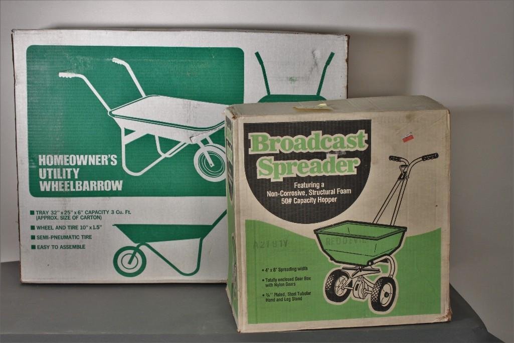 Broadcast Spreader and Utility Wheelbarrow (2): Radio homeowner's utility wheelbarrow Radio Steel & Mfg Co model no 16 new in box and a Broadcast spreader featuring a non corrosive structural foam 50# capacity hopper, new in original packaging.