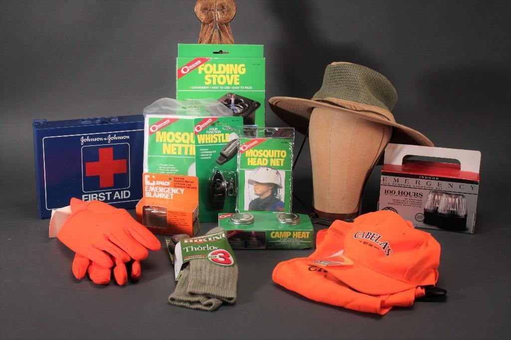 Camping and Hunting Gear: Henschel Hat Co size large hat, Cabela's neon hunting vest and hat, hiking socks, emergency light kit, folding stove, mosquito netting, first aid kid and more.
