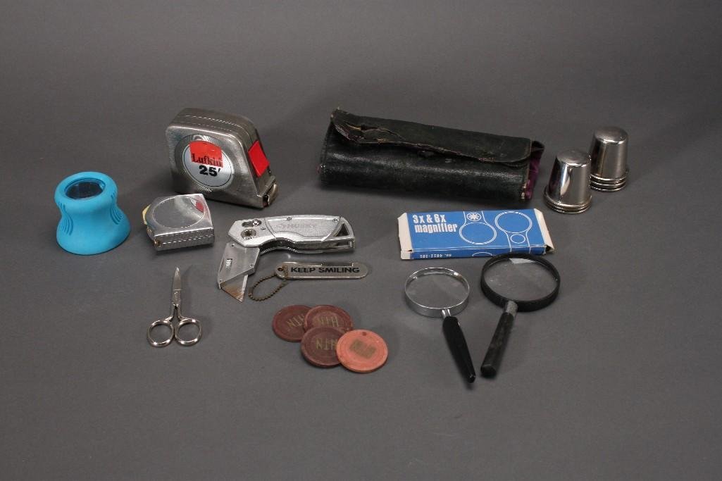 Vintage Collectibles (13): Silver metal shot glasses, 10 pc grooming kit, pocket knife, poker chips, and a key chain.