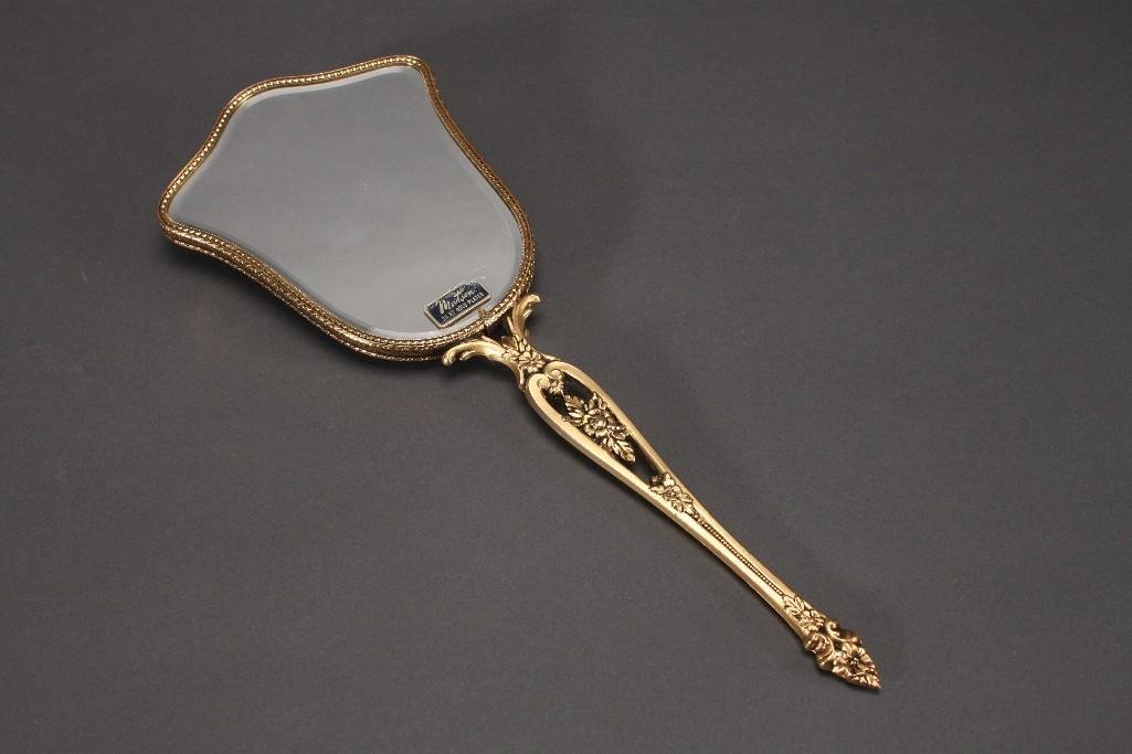 Matson 24kt Gold Plated Mirror: Hand Held beveled mirror, floral design, 14.5'' long, good condition, 24kt gold plated.