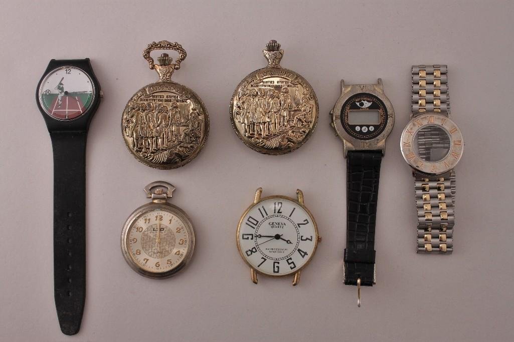Pocket Watches Parts and Pieces (7): Geneva face only, two Elegance pocket watches, plus four other faces and parts.