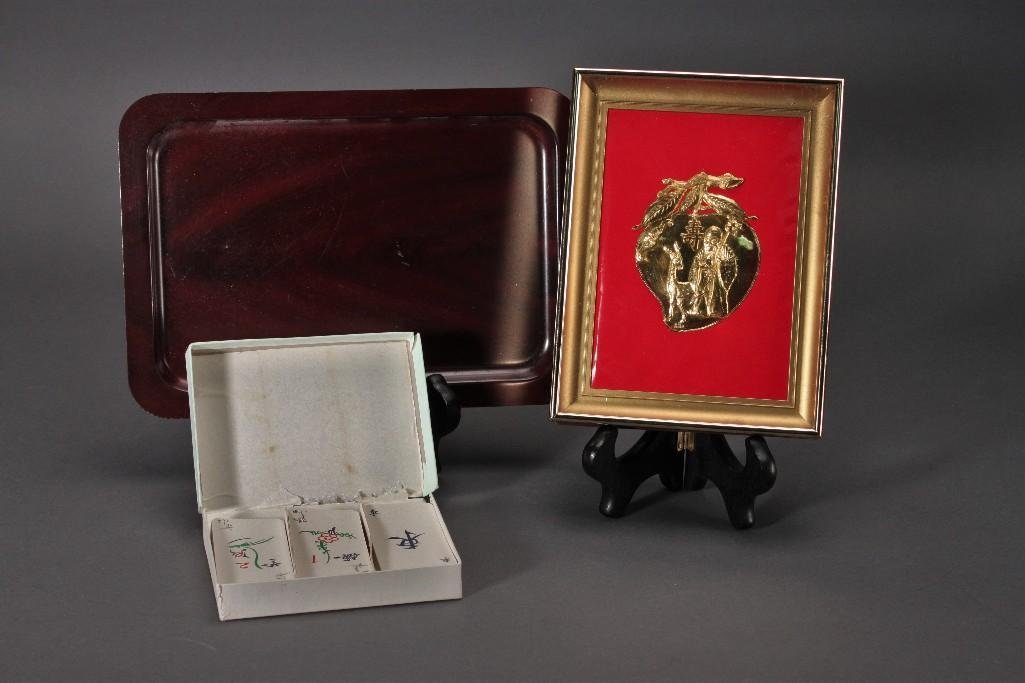 Asian Mahjong Cards and Framed Art: Mahjong cards in worn box (not sure if complete), one gold metal framed plaque measures 6" x 8" in good condition.