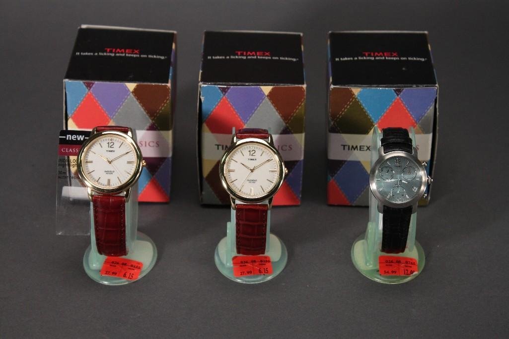 Men's Timex Classic Watches (3): Two Indiglo leather band watches, and one Indiglo 3-in-1 black leather watch, in their original box.