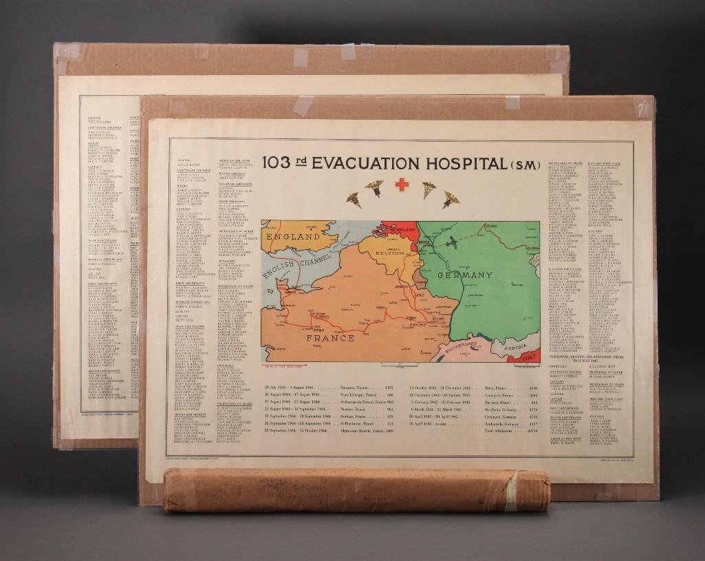 Military World War 2 103rd Evacuation Hospital Maps (3): Two maps, measures 27 1/2th" x 20", comes with original mailing stamped tube, in good condition for age.