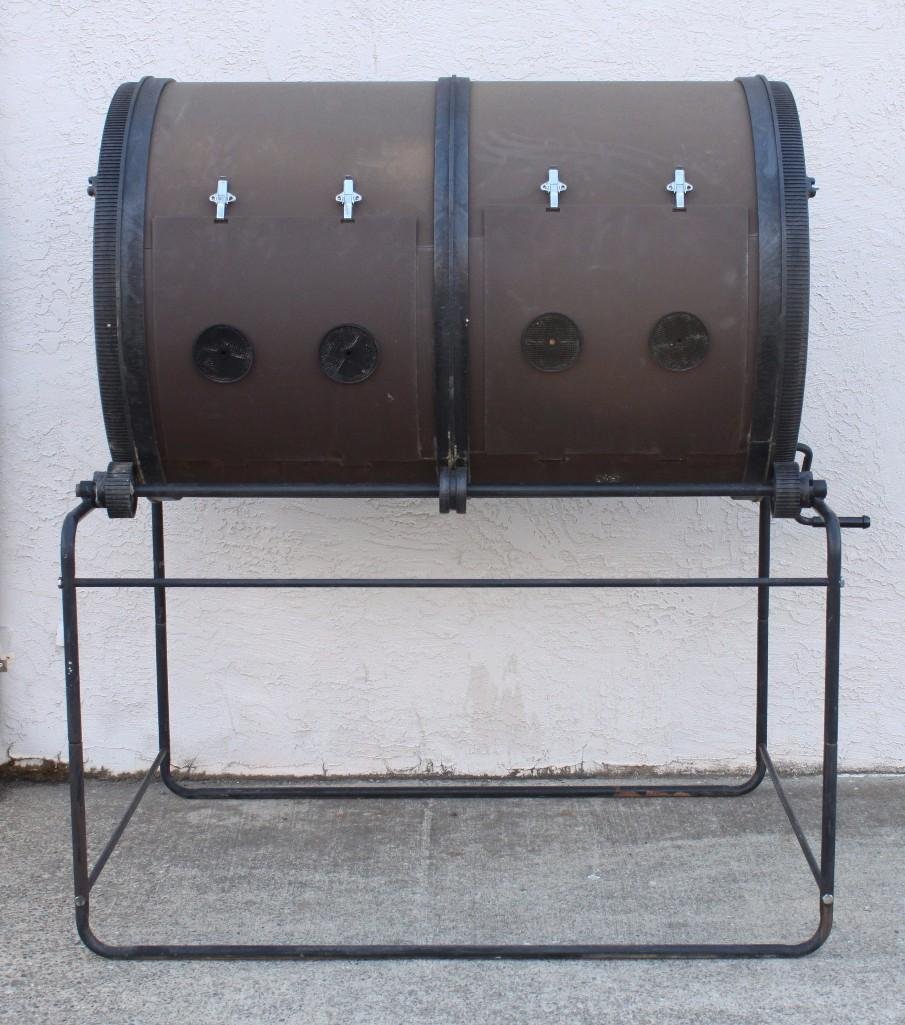 Mantis Compost-Twin: Frame measures 33"x60"42" black metal frame, compost cylinder measures 22"x52"x32", molded plastic, in good condition.