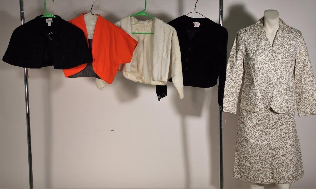 Vintage Ladies Clothing (5): Cassie Juniors velvet half sweater size 9, Ladybug skirt and jacket set size 9, Charm of Hollywood shawl size 11/12, and more. All items are in good condition.