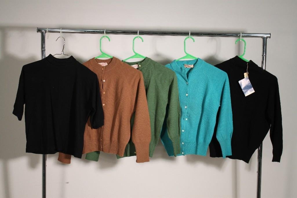 Children's Sweaters (5): Three Wondameresweaters (brown, green, blue) sizes not listed and two black turtle necks in good condition, one NWT.