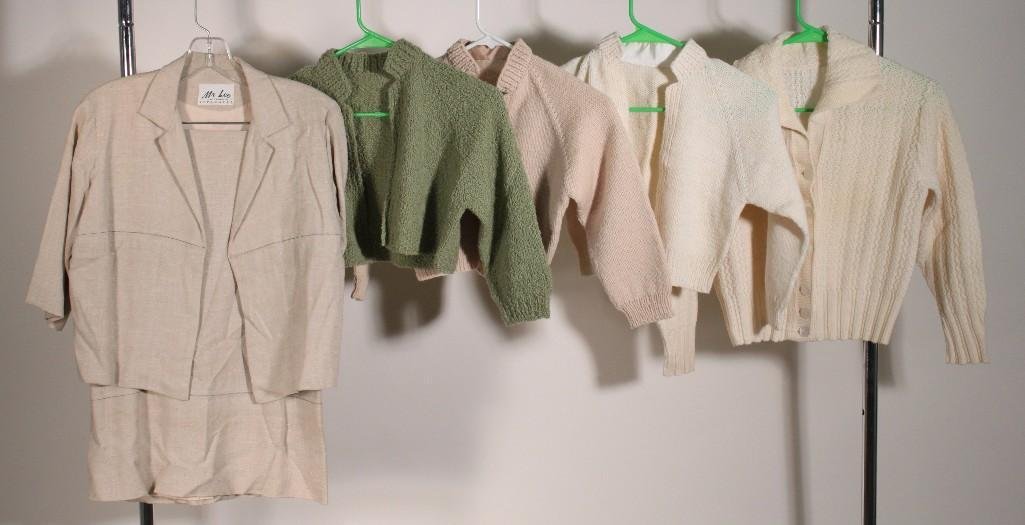 Ladies Sweaters and Suits (5): Mr Lee skirt jacket suit set size and four knitted sweaters all are in good condition. (no tags)