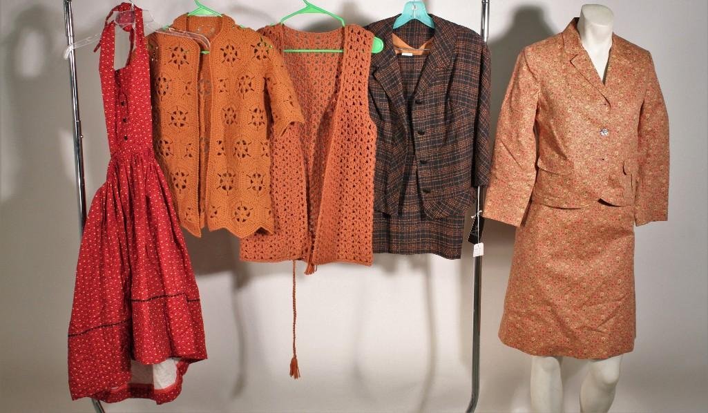 Vintage Women's Clothing (5): Cinema apron size 8, floral design The Villager suit size 8, two knitted sweaters, and a size 7/8 navy blue striped suit. All items are in good condition.