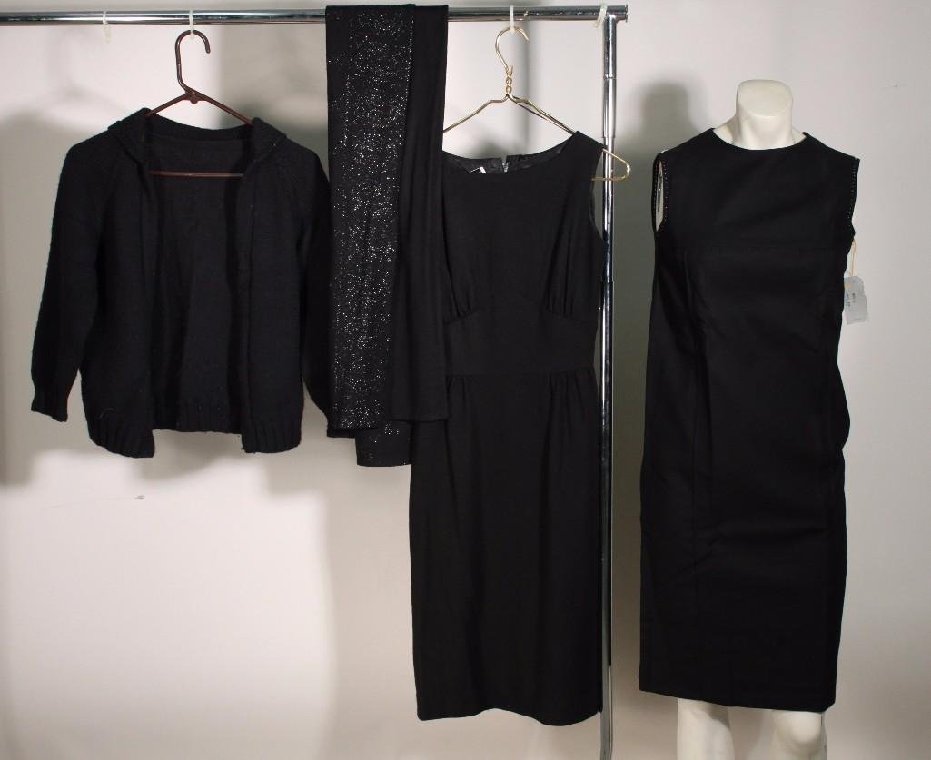 Vintage Ladies Dresses and Sweater (3): Rousse Atkins black dress size 8, Allison Ayres black dress size 10, and a knitted sweater. All items are in good condition.