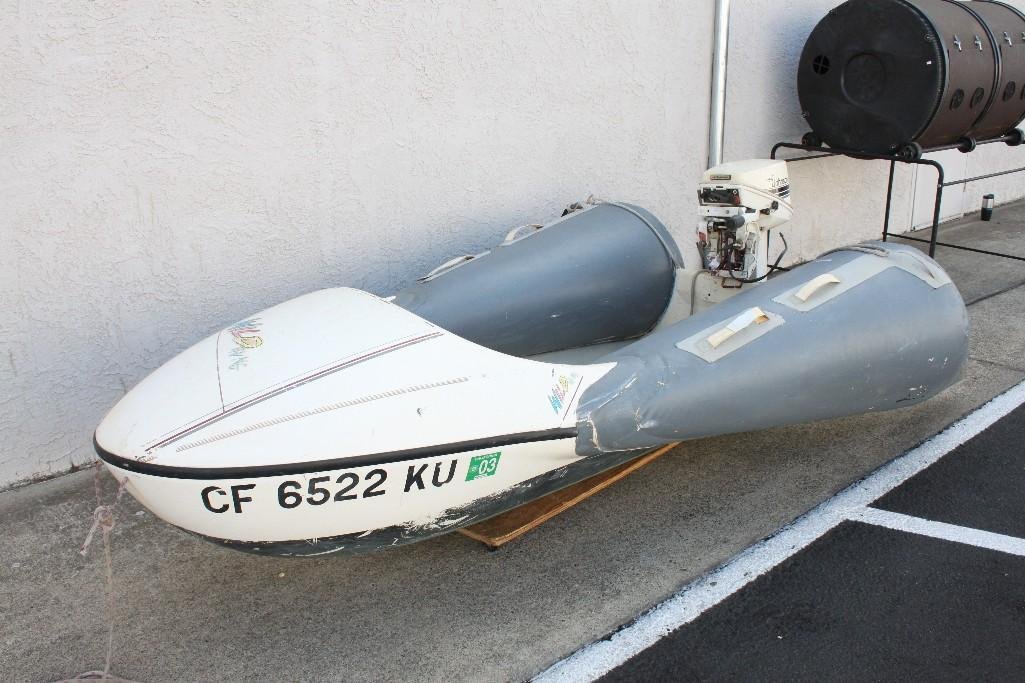 Wild Thing Boat with Johnson Motor: Wild Thing is an inflatable boat with a rigid-hull. Johnson motor is 15 hp. Both are in used condition.