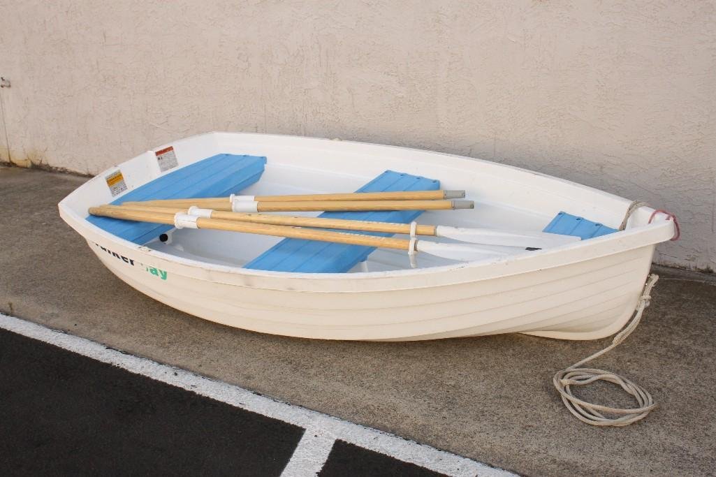 2 Person Dingy/Sail Boat: No sail, holds two people or 360 pound max, in good condition, shows signs of normal wear, incudes4 Walker Bay wooden oars.