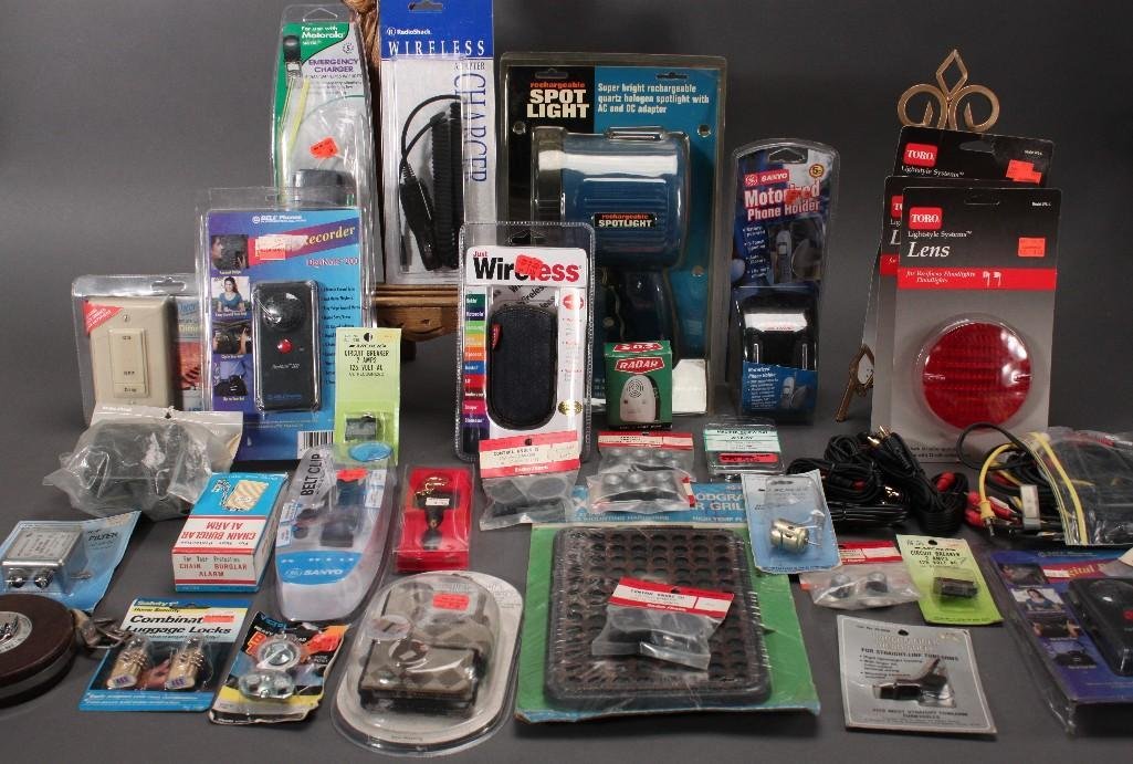 Home Goods: Rechargeable super bright spot light, digital recorder, chain burglar alarm, belt clip, Radar brand burglar alarm & light, flood light lens, screw nuts, and much more.