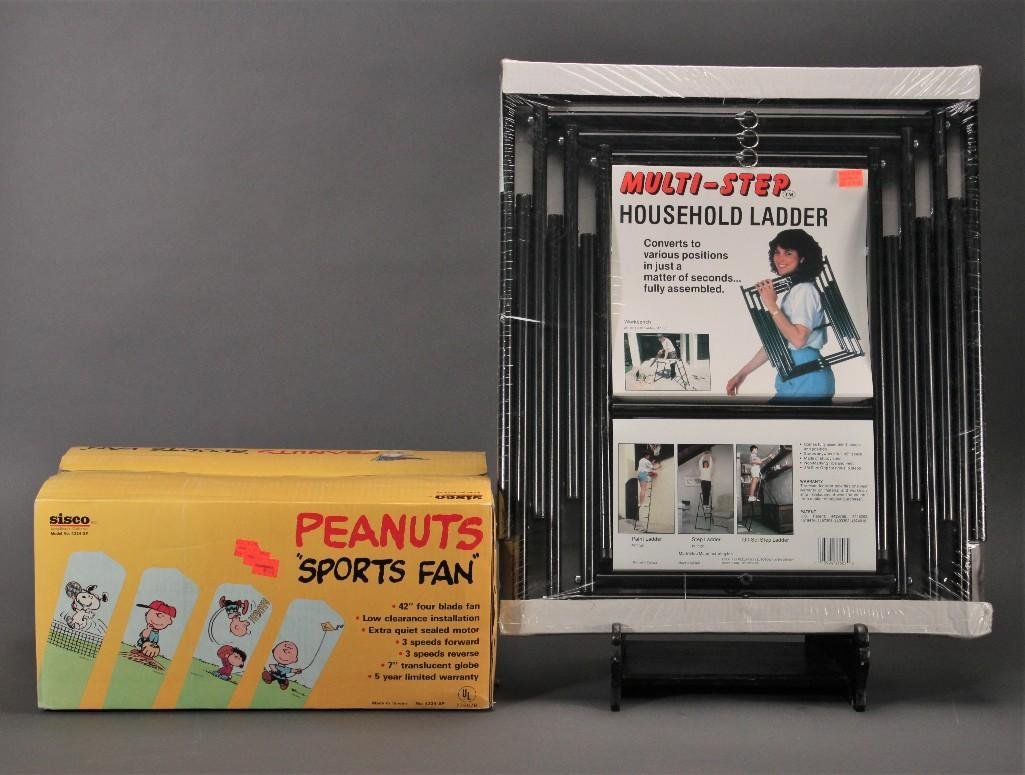 Sports Fan and a Household Ladder (2): Peanuts "Sport Fan" Ceiling fan and light kit (NIB) and a multi stephouseholdladder (in original packaging)